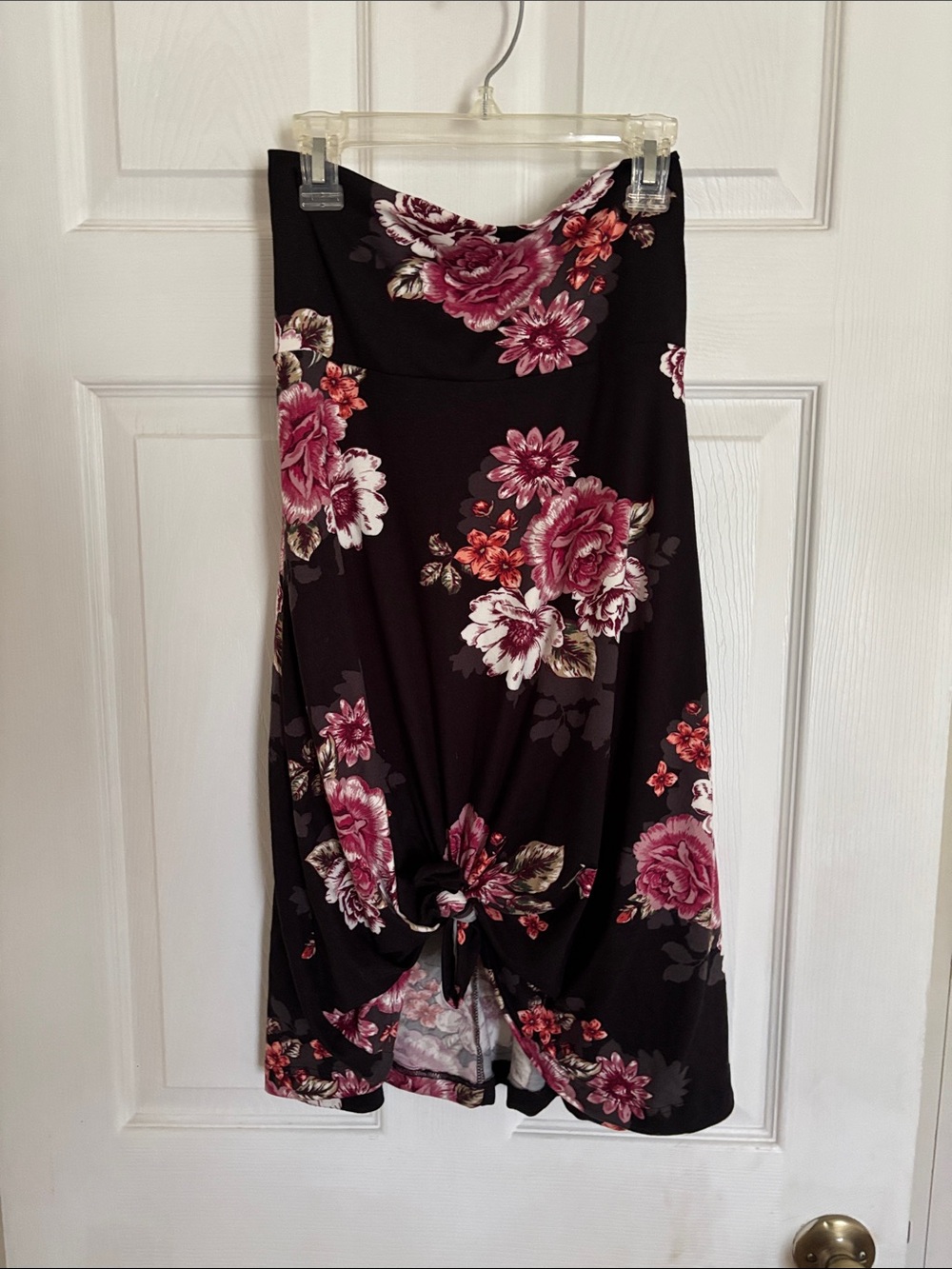 Popana Black Midi Skirt with Rose Floral Print and Front Knot